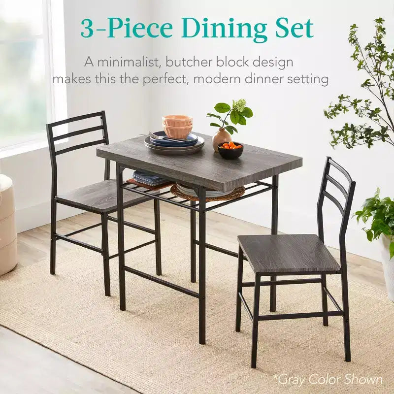 Set da pranzo moderno Best Choice Products a 3 pezzi, tavolo e sedie quadrati con telaio in acciaio, ripiano portaoggetti integrato