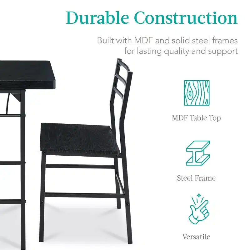 Set da pranzo moderno Best Choice Products a 3 pezzi, tavolo e sedie quadrati con telaio in acciaio, ripiano portaoggetti integrato