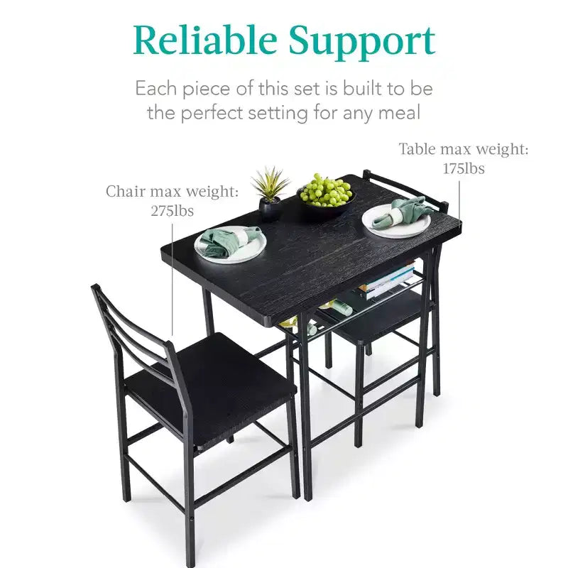Set da pranzo moderno Best Choice Products a 3 pezzi, tavolo e sedie quadrati con telaio in acciaio, ripiano portaoggetti integrato