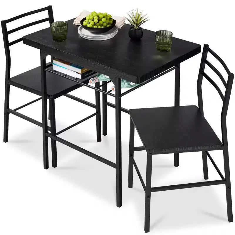Set da pranzo moderno Best Choice Products a 3 pezzi, tavolo e sedie quadrati con telaio in acciaio, ripiano portaoggetti integrato