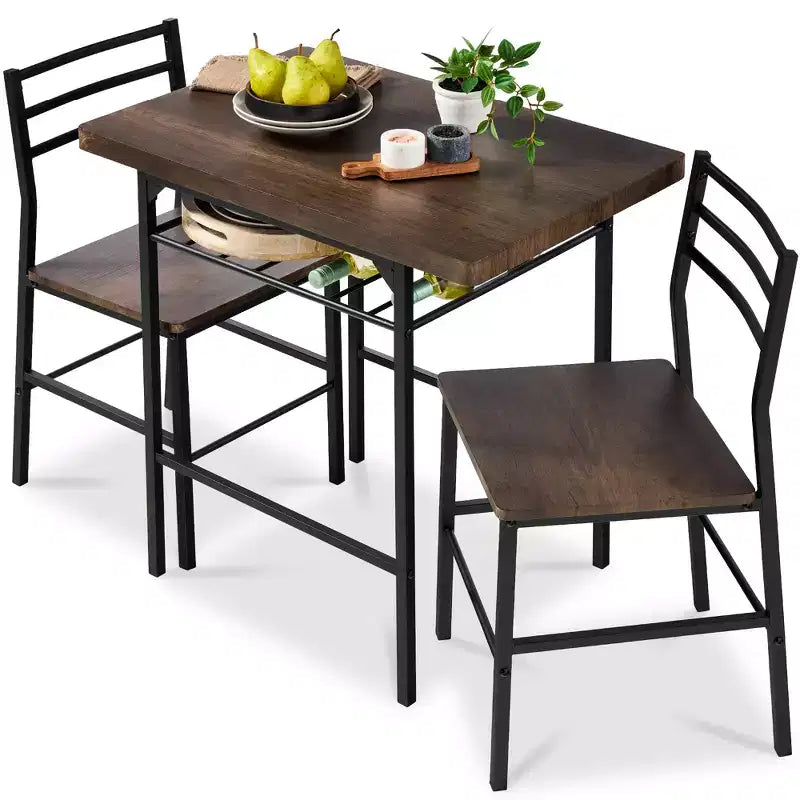 Set da pranzo moderno Best Choice Products a 3 pezzi, tavolo e sedie quadrati con telaio in acciaio, ripiano portaoggetti integrato