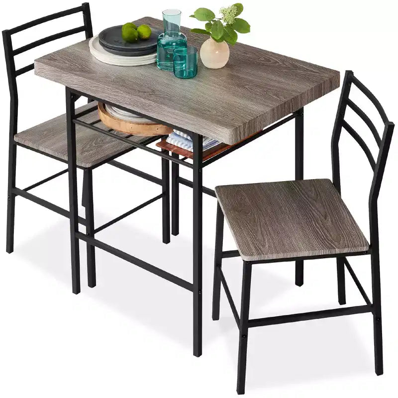 Set da pranzo moderno Best Choice Products a 3 pezzi, tavolo e sedie quadrati con telaio in acciaio, ripiano portaoggetti integrato