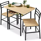 Set da pranzo moderno Best Choice Products a 3 pezzi, tavolo e sedie quadrati con telaio in acciaio, ripiano portaoggetti integrato