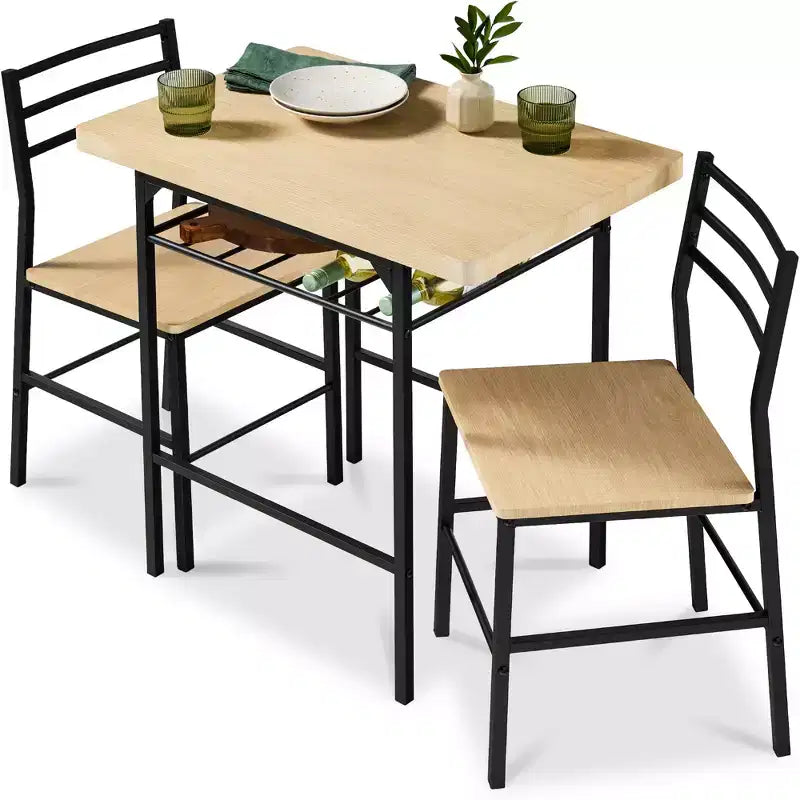 Set da pranzo moderno Best Choice Products a 3 pezzi, tavolo e sedie quadrati con telaio in acciaio, ripiano portaoggetti integrato