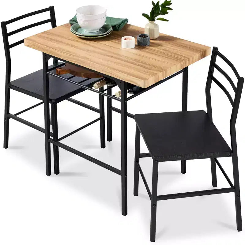 Set da pranzo moderno Best Choice Products a 3 pezzi, tavolo e sedie quadrati con telaio in acciaio, ripiano portaoggetti integrato