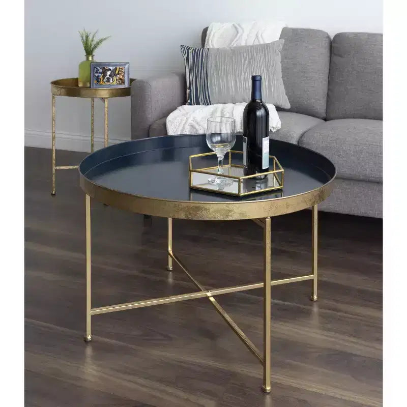 Tavolino da caffè rotondo in metallo Kate e Laurel Celia, 28,25x28,25x19, blu navy e oro