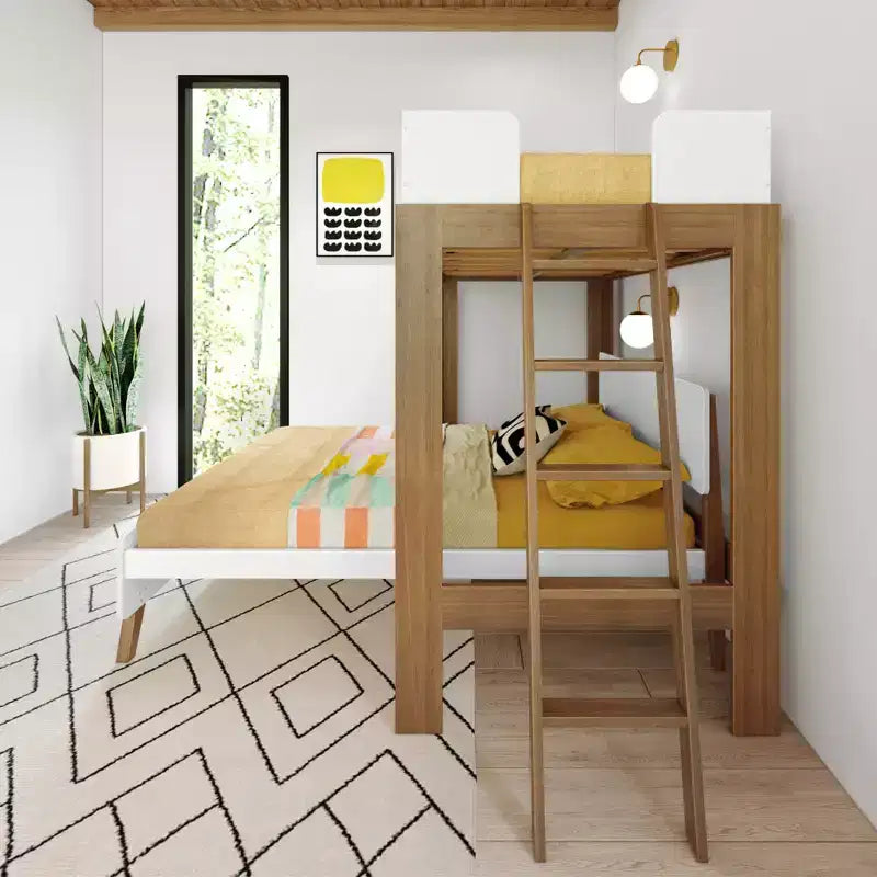 Letto a Castello a L Max & Lily Mid-Century Modern, Singolo su Una Piazza e Mezza, Legno Massello