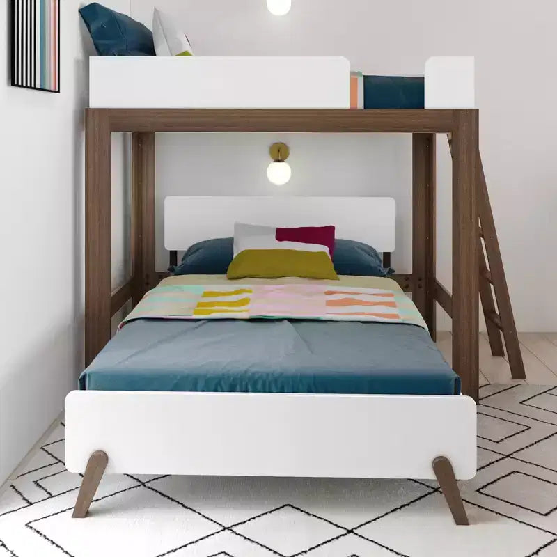 Letto a Castello a L Max & Lily Mid-Century Modern, Singolo su Una Piazza e Mezza, Legno Massello