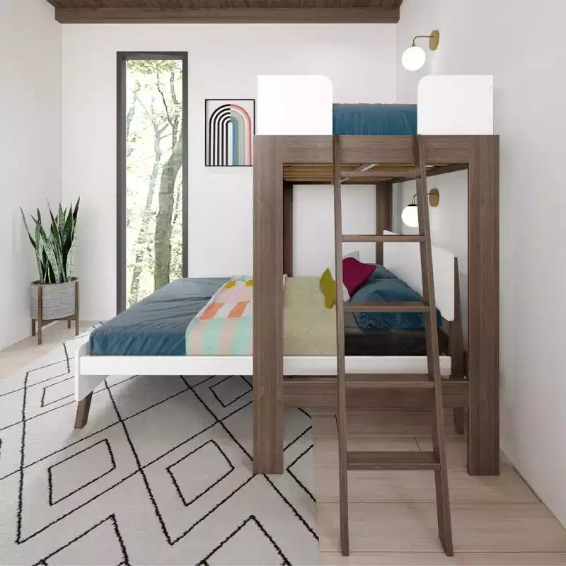 Letto a Castello a L Max & Lily Mid-Century Modern, Singolo su Una Piazza e Mezza, Legno Massello