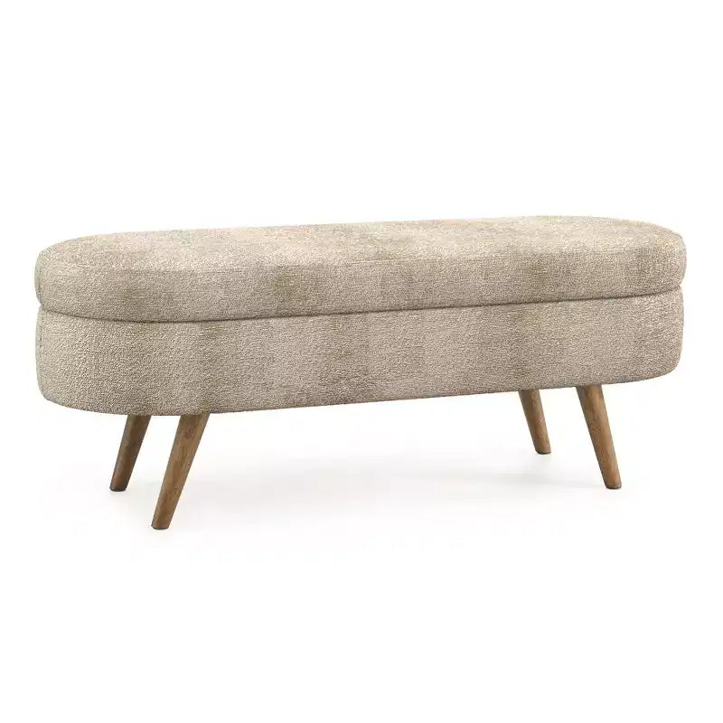 Panca Contenitore Ovale con Gambe in Legno di Hevea, Pouf Moderno Trapuntato - ModernLuxe