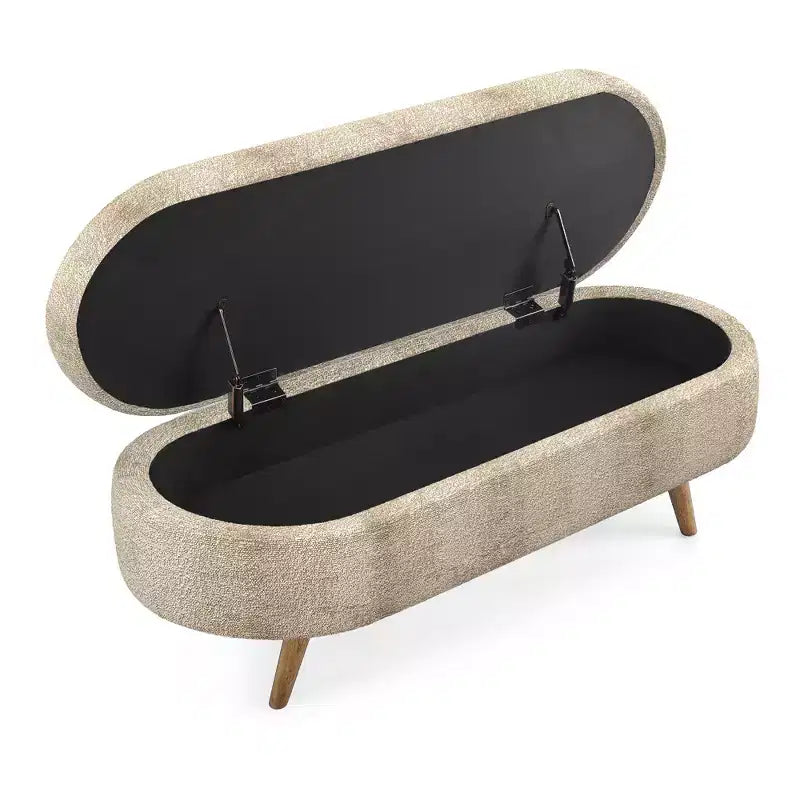 Panca Contenitore Ovale con Gambe in Legno di Hevea, Pouf Moderno Trapuntato - ModernLuxe