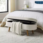 Panca Contenitore Ovale con Gambe in Legno di Hevea, Pouf Moderno Trapuntato - ModernLuxe