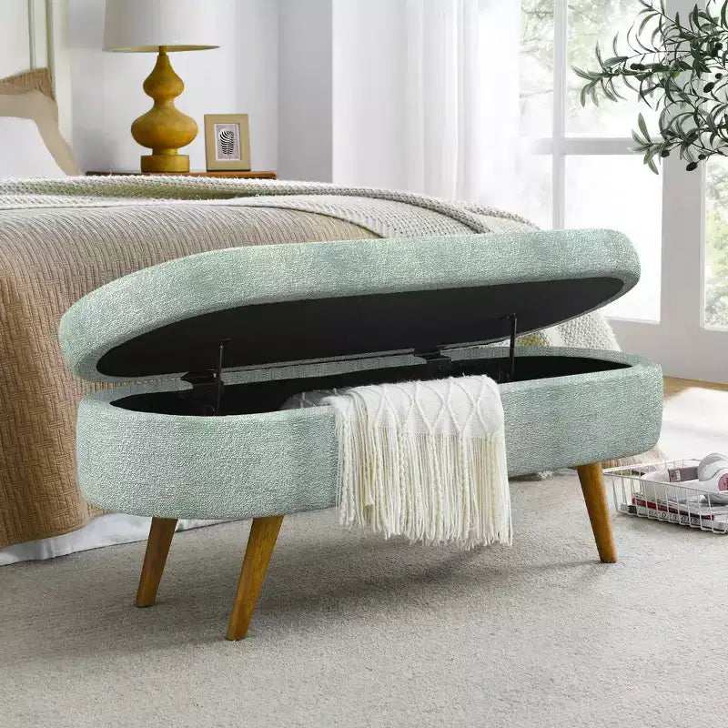 Panca Contenitore Ovale con Gambe in Legno di Hevea, Pouf Moderno Trapuntato - ModernLuxe