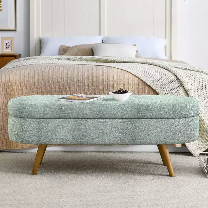 Panca Contenitore Ovale con Gambe in Legno di Hevea, Pouf Moderno Trapuntato - ModernLuxe