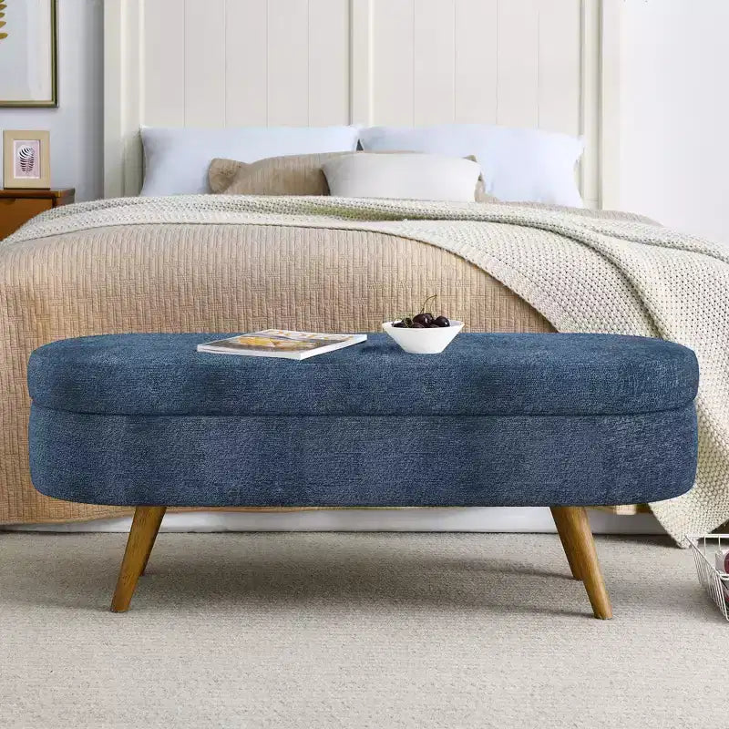 Panca Contenitore Ovale con Gambe in Legno di Hevea, Pouf Moderno Trapuntato - ModernLuxe