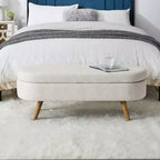 Panca Contenitore Ovale con Gambe in Legno di Hevea, Pouf Moderno Trapuntato - ModernLuxe