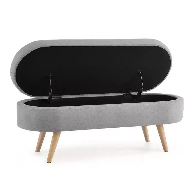 Panca Contenitore Ovale con Gambe in Legno di Hevea, Pouf Moderno Trapuntato - ModernLuxe