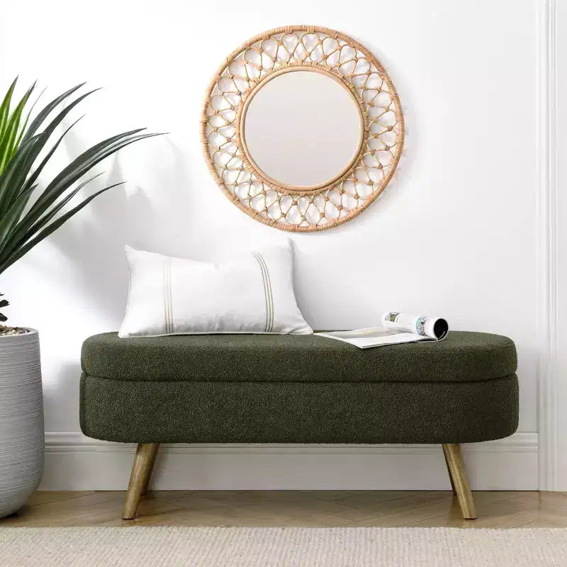 Panca Contenitore Ovale con Gambe in Legno di Hevea, Pouf Moderno Trapuntato - ModernLuxe
