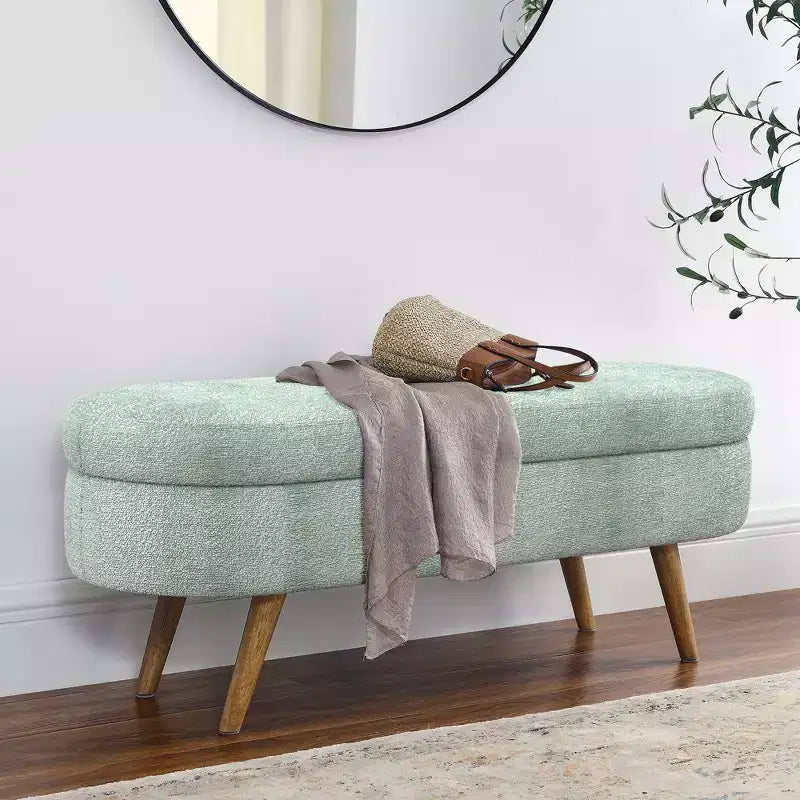 Panca Contenitore Ovale con Gambe in Legno di Hevea, Pouf Moderno Trapuntato - ModernLuxe