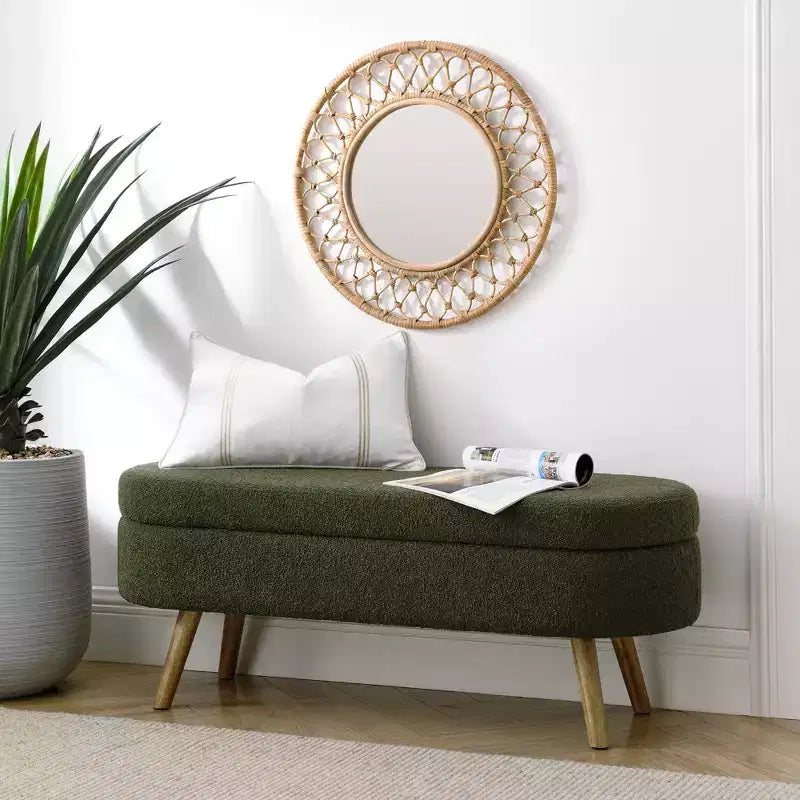 Panca Contenitore Ovale con Gambe in Legno di Hevea, Pouf Moderno Trapuntato - ModernLuxe