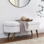 Panca Contenitore Ovale con Gambe in Legno di Hevea, Pouf Moderno Trapuntato - ModernLuxe