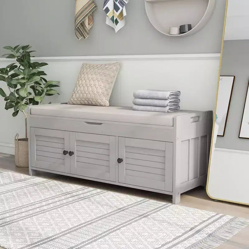 Panca Contenitore con 3 Ante a Persiana, Cuscino Rimovibile e Spazio Nascosto - ModernLuxe