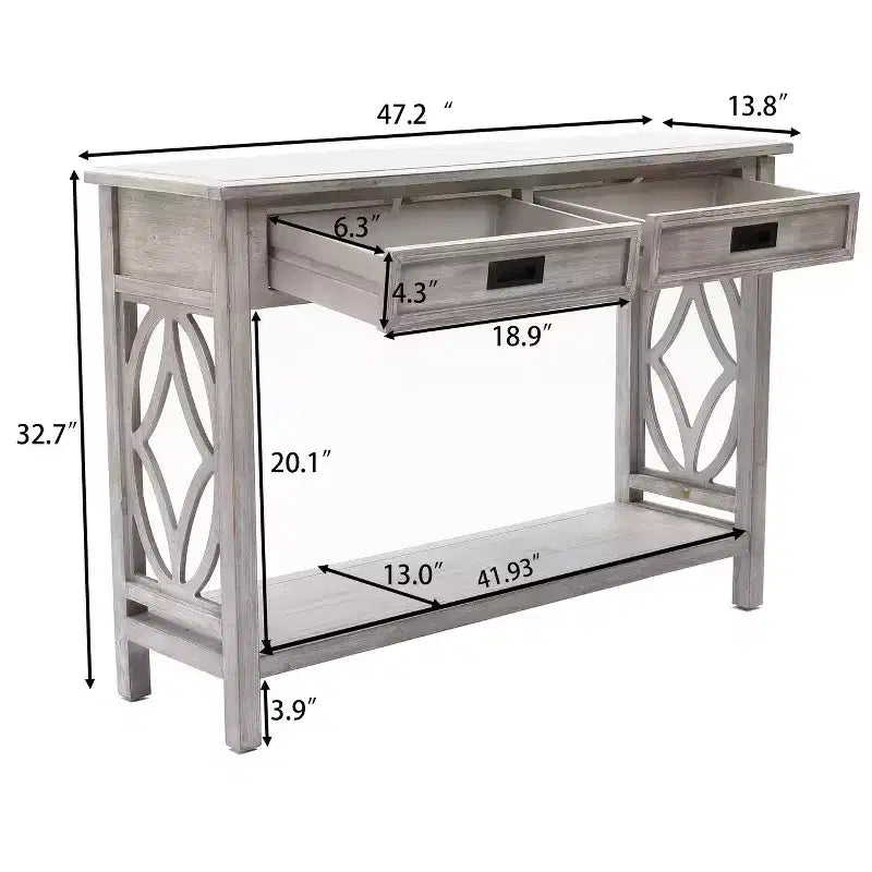 Consolle e tavolo da ingresso LuxenHome in legno grigio con 2 cassetti e 1 ripiano