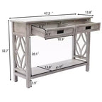 Consolle e tavolo da ingresso LuxenHome in legno grigio con 2 cassetti e 1 ripiano