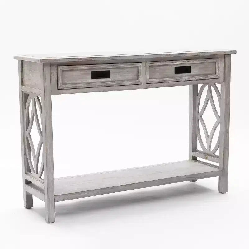 Consolle e tavolo da ingresso LuxenHome in legno grigio con 2 cassetti e 1 ripiano