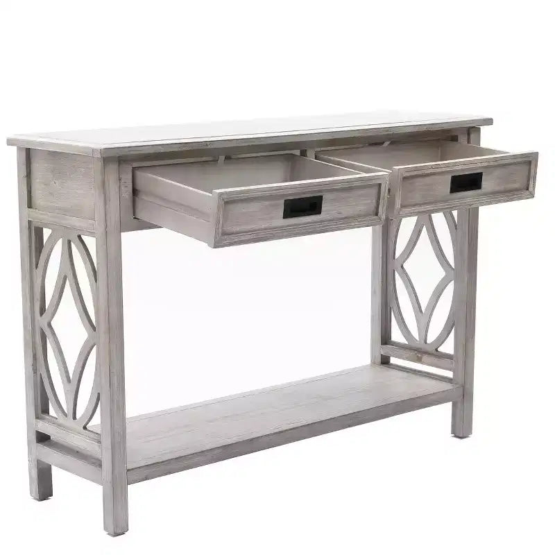 Consolle e tavolo da ingresso LuxenHome in legno grigio con 2 cassetti e 1 ripiano
