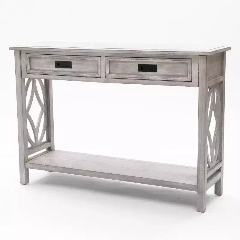 Consolle e tavolo da ingresso LuxenHome in legno grigio con 2 cassetti e 1 ripiano