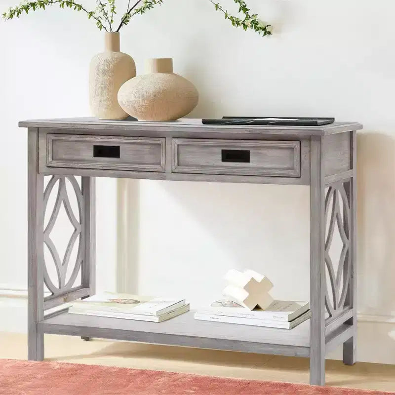 Consolle e tavolo da ingresso LuxenHome in legno grigio con 2 cassetti e 1 ripiano