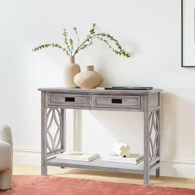 Consolle e tavolo da ingresso LuxenHome in legno grigio con 2 cassetti e 1 ripiano
