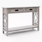 Consolle e tavolo da ingresso LuxenHome in legno grigio con 2 cassetti e 1 ripiano