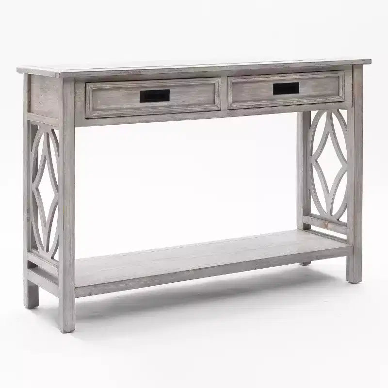 Consolle e tavolo da ingresso LuxenHome in legno grigio con 2 cassetti e 1 ripiano