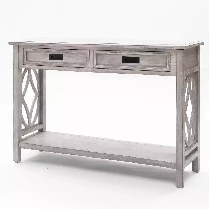 Consolle e tavolo da ingresso LuxenHome in legno grigio con 2 cassetti e 1 ripiano