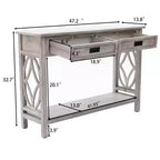 Consolle e tavolo da ingresso LuxenHome in legno grigio con 2 cassetti e 1 ripiano