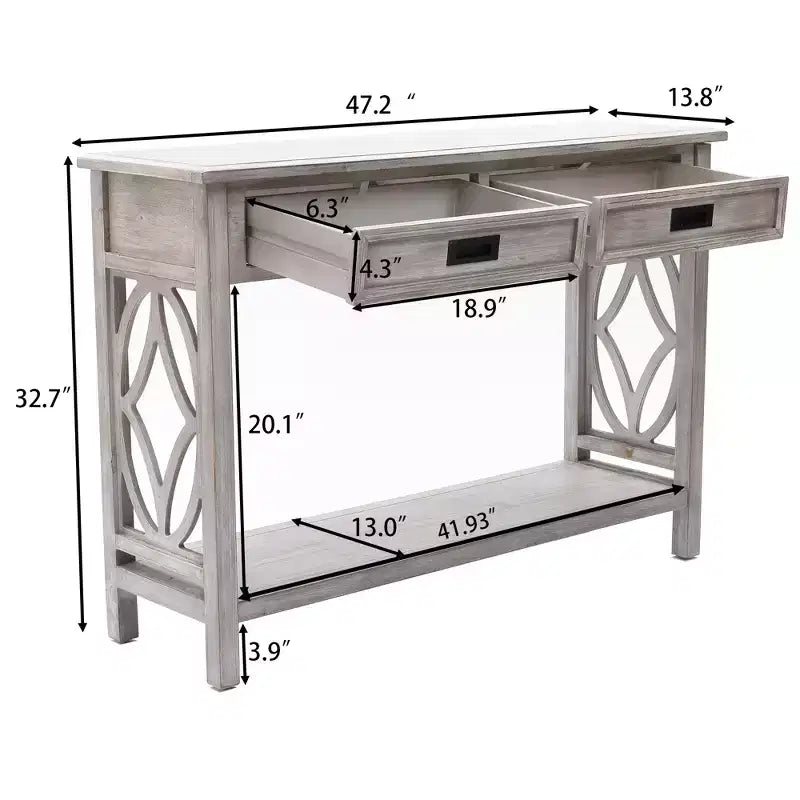 Consolle e tavolo da ingresso LuxenHome in legno grigio con 2 cassetti e 1 ripiano