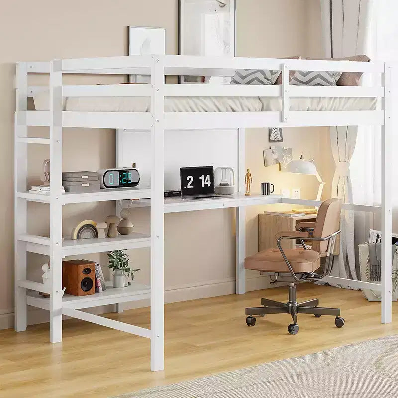 Letto a soppalco in legno con scaffali, scrivania e lavagna - ModernLuxe