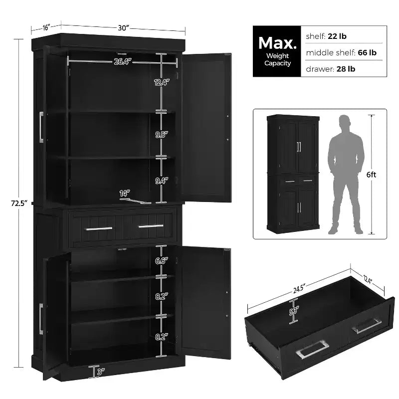 Yaheetech Armadio dispensa da cucina alto 184 cm con ripiani regolabili per cucina e sala da pranzo
