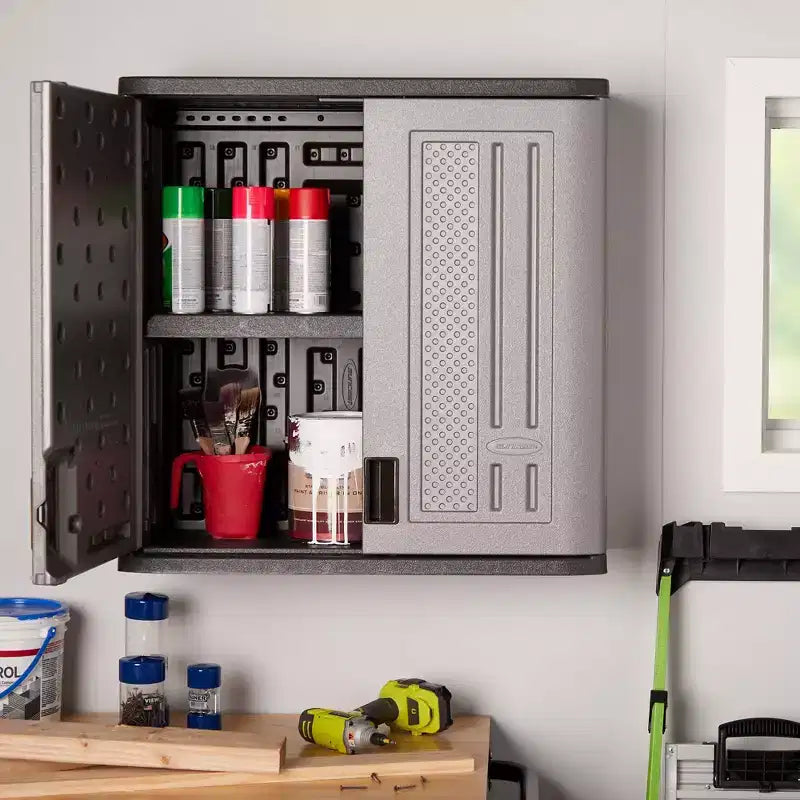Mobiletto a parete Suncast con ripiano singolo e organizer a muro per attrezzi manuali (confezione da 2)