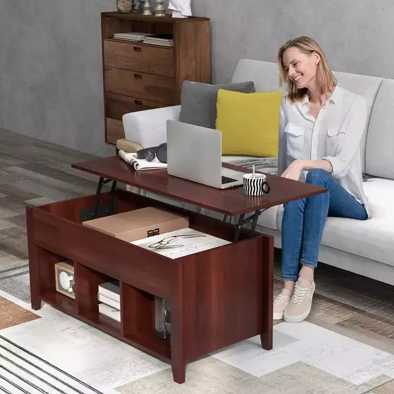 Tavolino da Caffè Costway con Ripiano Sollevabile, Scomparto Nascosto e Ripiani Portaoggetti Marrone