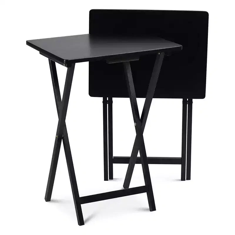 PJ Wood, Struttura in Legno Massiccio e Robusto, Tavolino Pieghevole Portatile per TV, Tavolino da Salotto, Supporto di Servizio, Nero (Set da 4 Pezzi)