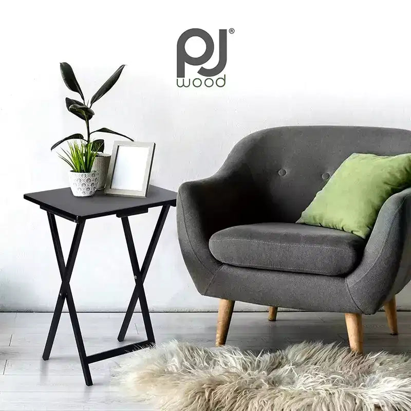 PJ Wood, Struttura in Legno Massiccio e Robusto, Tavolino Pieghevole Portatile per TV, Tavolino da Salotto, Supporto di Servizio, Nero (Set da 4 Pezzi)