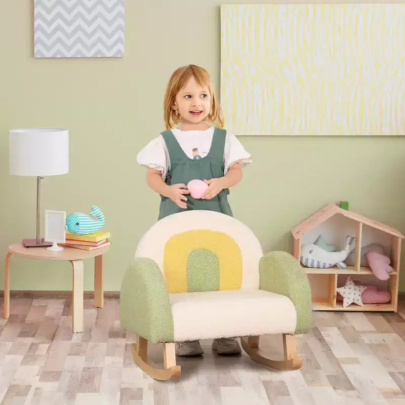 Divano Qaba Kids, Poltroncina a Dondolo per Bambini con Solida Struttura in Legno, Tessuto in Finto Pile di Agnello per Asilo Nido, Scuola Materna, Sala Giochi, Camera da Letto