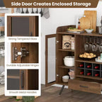 Costway Mobile Dispensa Cucina con Portabicchieri da Vino a 3 Scomparti, Scaffale Rimovibile, Anta in Vetro Temperato e Kit Antiribaltamento