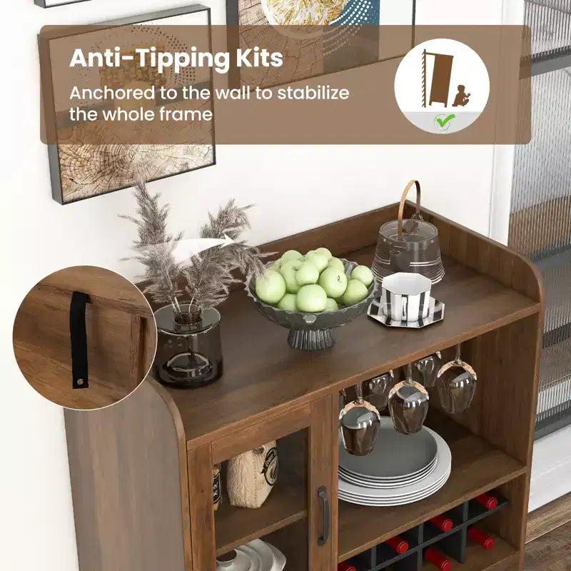 Costway Mobile Dispensa Cucina con Portabicchieri da Vino a 3 Scomparti, Scaffale Rimovibile, Anta in Vetro Temperato e Kit Antiribaltamento