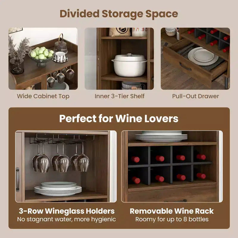 Costway Mobile Dispensa Cucina con Portabicchieri da Vino a 3 Scomparti, Scaffale Rimovibile, Anta in Vetro Temperato e Kit Antiribaltamento