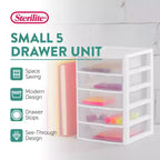 Sistema di archiviazione a 5 cassetti impilabili in plastica trasparente piccola Sterilite Clearview per l'organizzazione di desktop e cassetti per articoli di cancelleria o penne