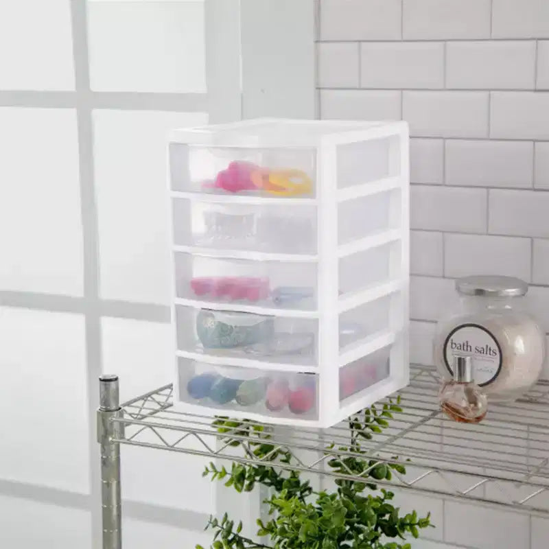 Sistema di archiviazione a 5 cassetti impilabili in plastica trasparente piccola Sterilite Clearview per l'organizzazione di desktop e cassetti per articoli di cancelleria o penne